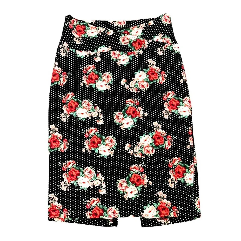 ABN Floral Pencil Skirt M Black White Dot High Waist Stretchy Retro Made USA - Picture 10 of 11